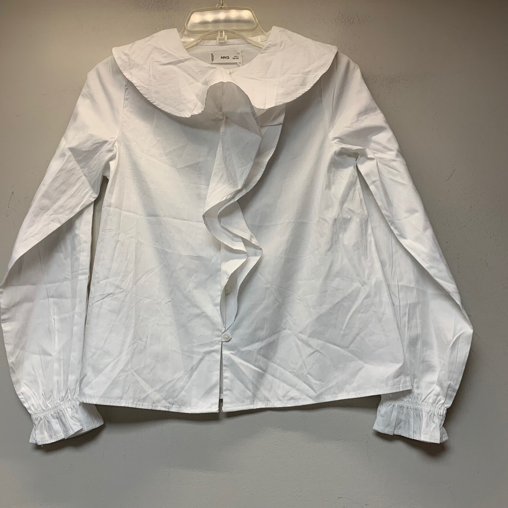 MNG Mango Button Down Shirt Girls 12 White New Ruffle Peter Pan Collar 152cm